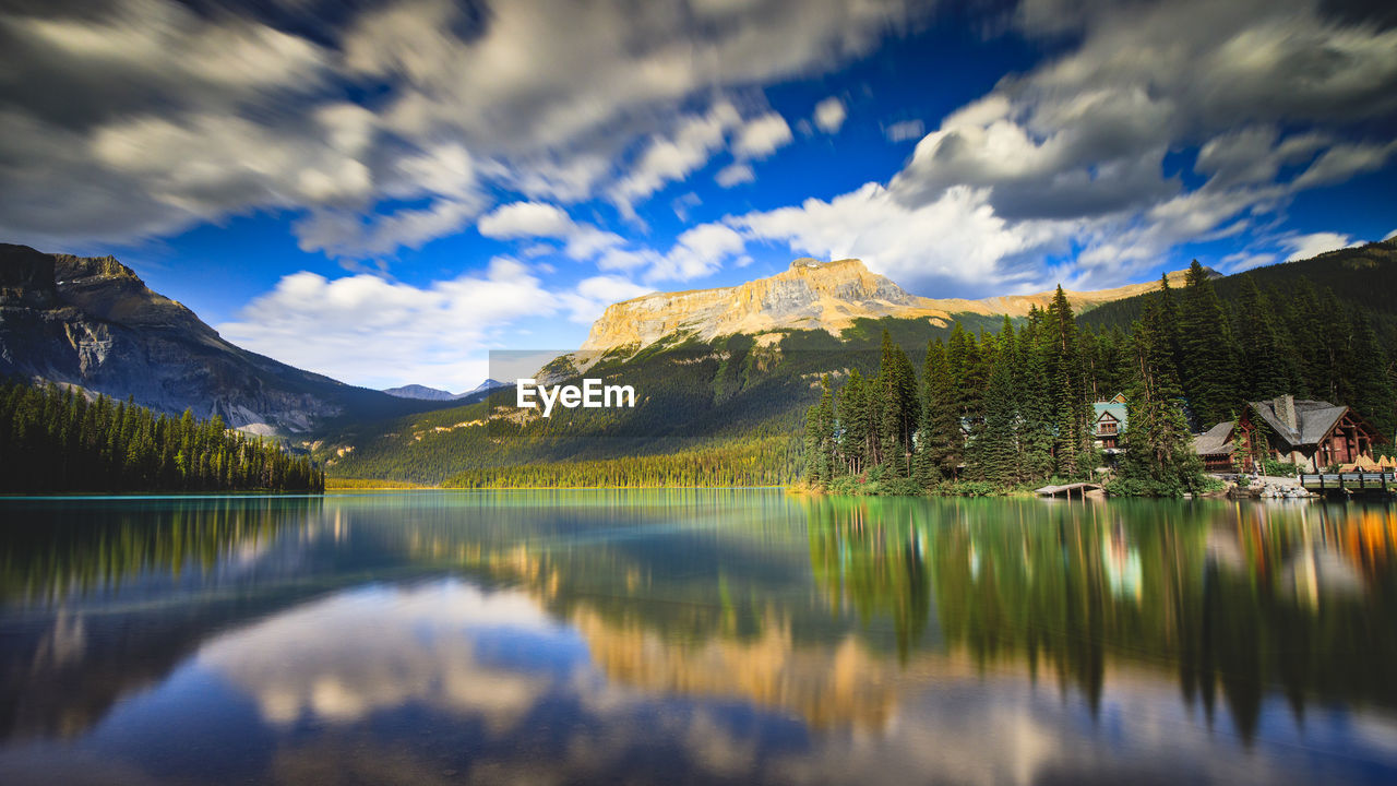 Long exposure of emerald lake lodge on summer evening 