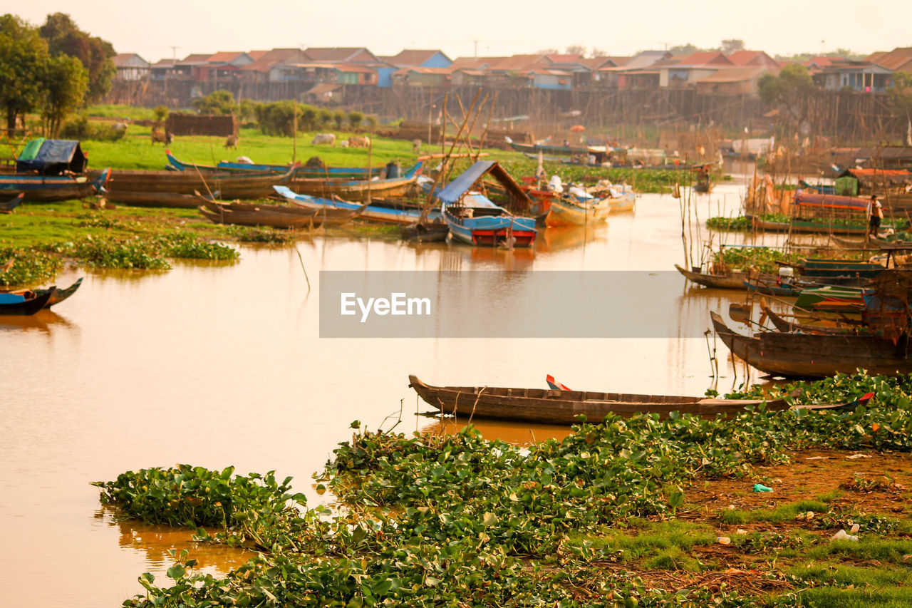 Boats moored at riverbank