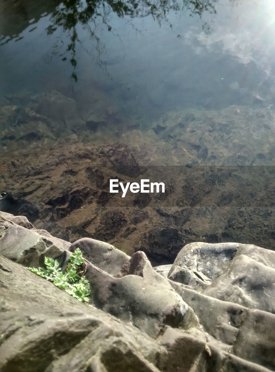 HIGH ANGLE VIEW OF WATER FLOWING IN SUNLIGHT