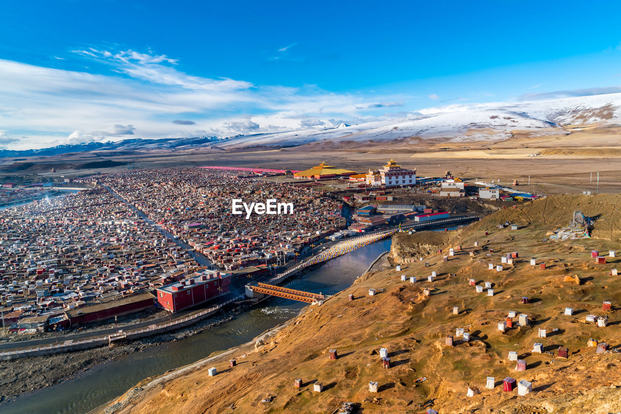 High angle view of crowd against sky