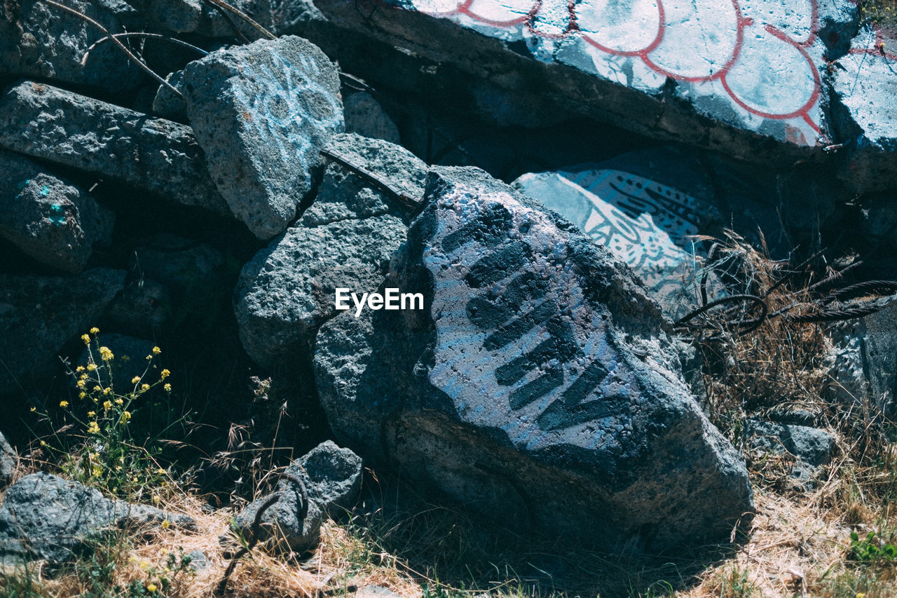 HIGH ANGLE VIEW OF TEXT ON ROCK IN FIELD