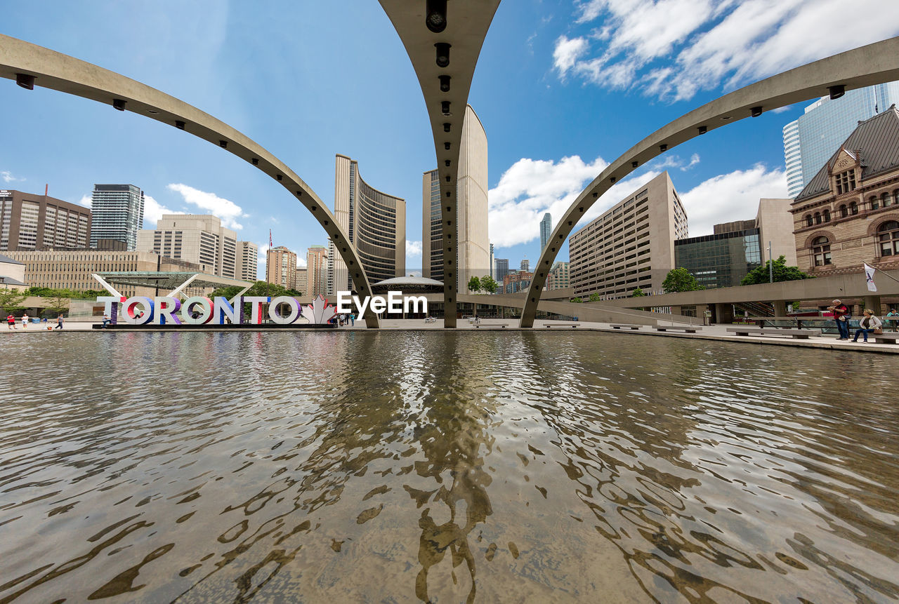 BRIDGE OVER RIVER AND BUILDINGS AGAINST SKY