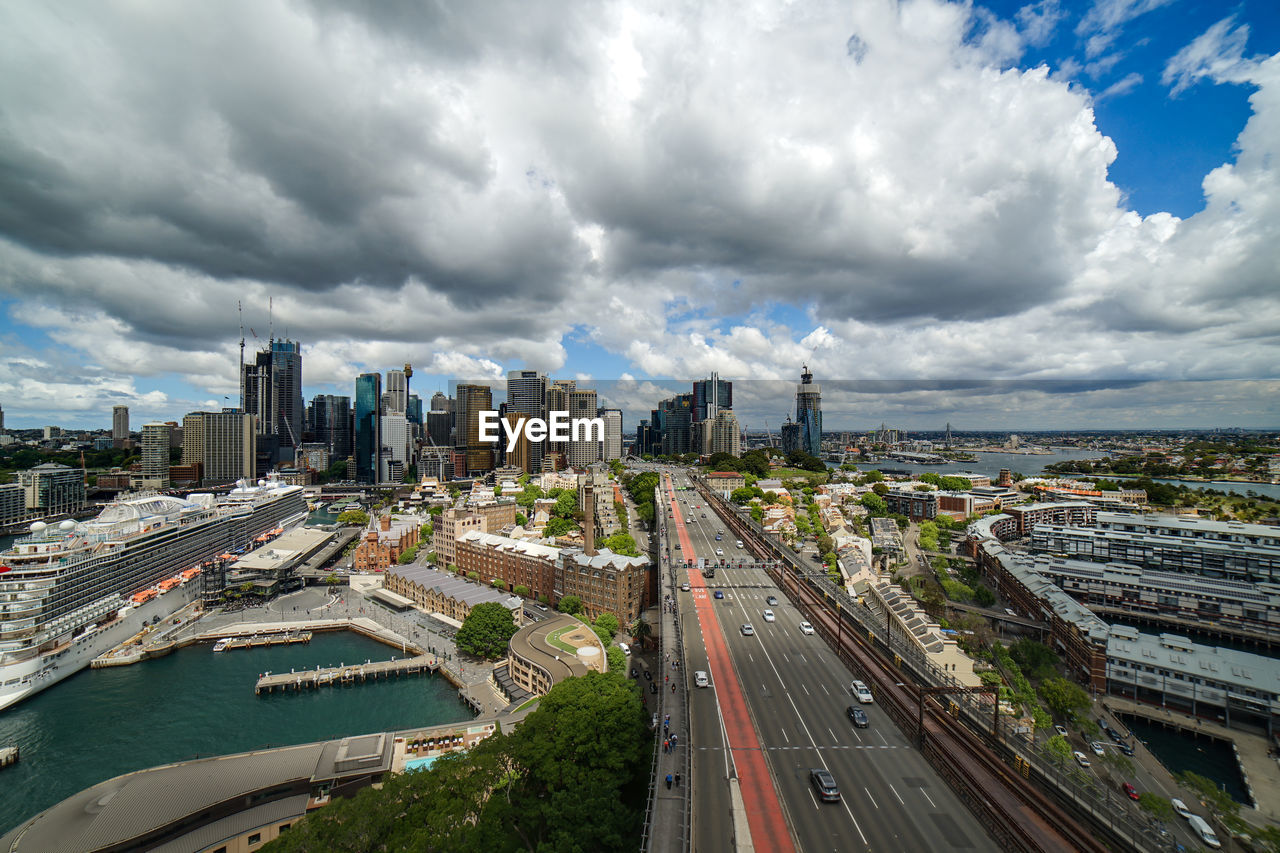 Aerial view of sydney city and waterfront.