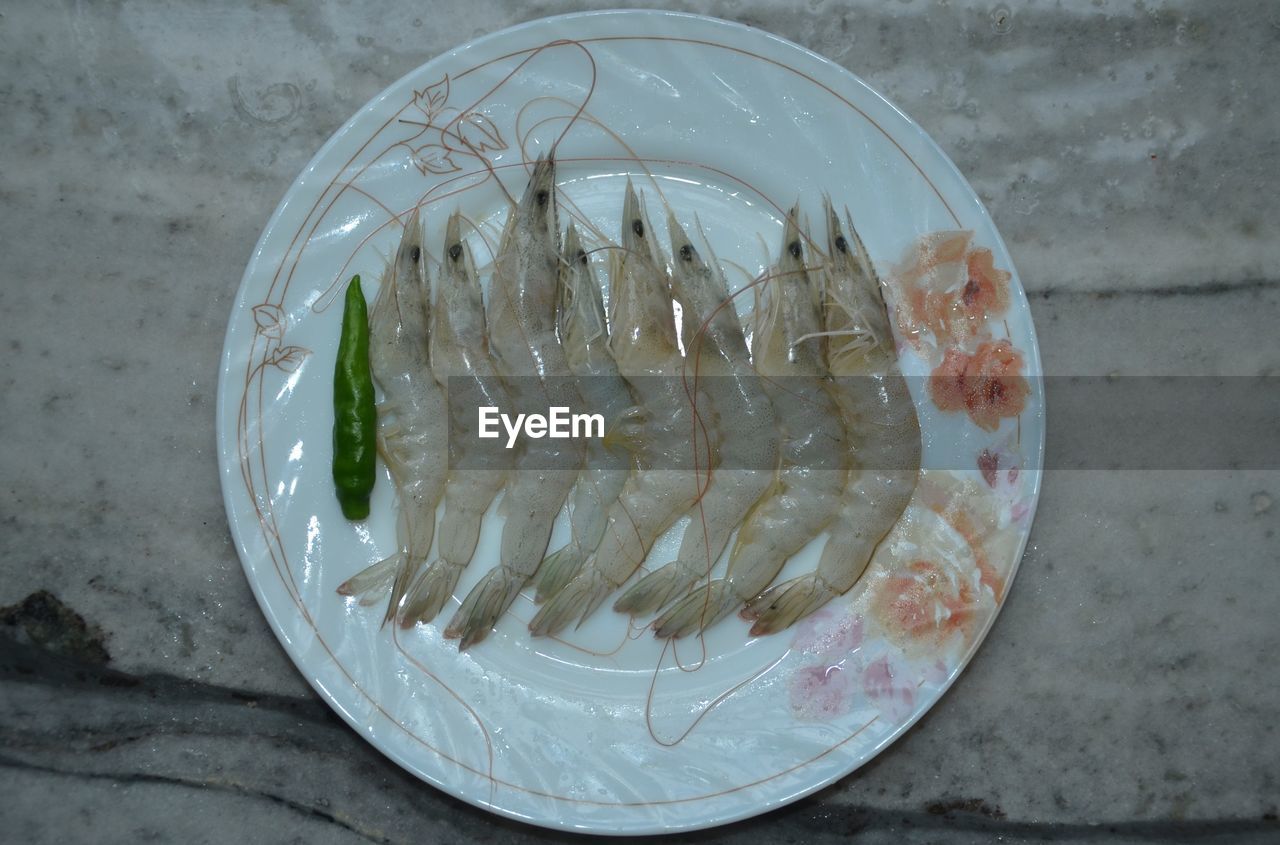 HIGH ANGLE VIEW OF FISH ON PLATE