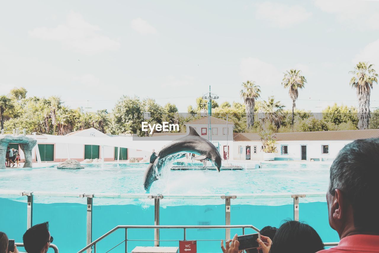 PEOPLE IN SWIMMING POOL AGAINST THE SKY