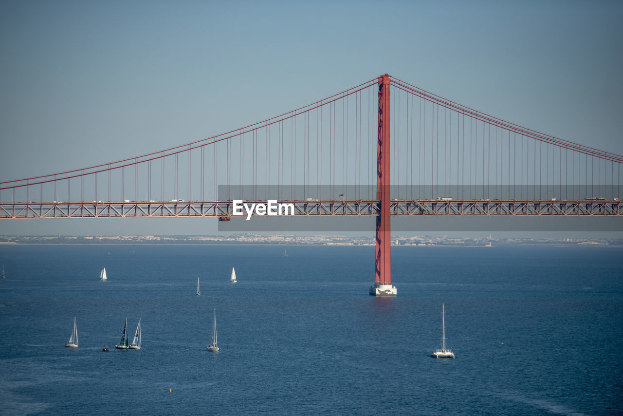 view of suspension bridge over sea against sky