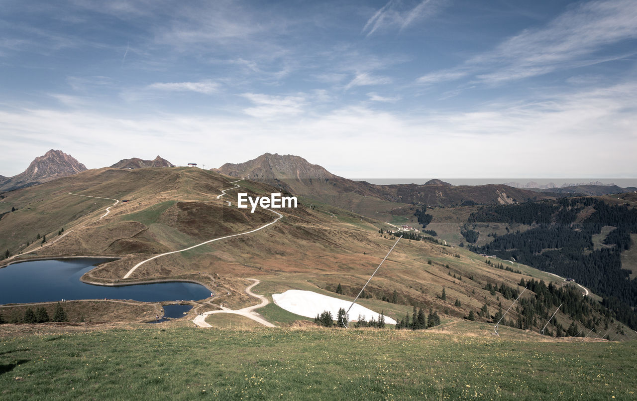 Scenic view of landscape and mountains against sky