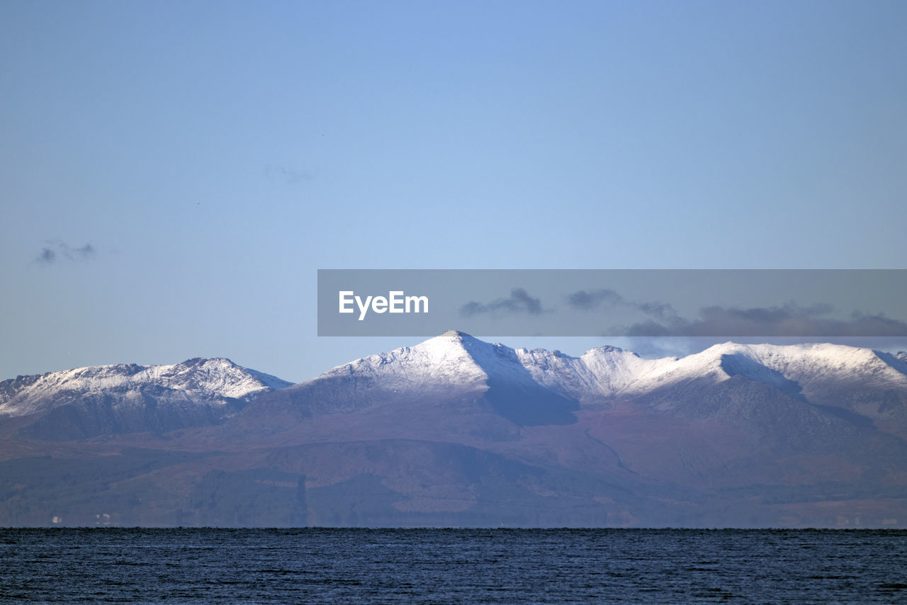 Scenic view of snowcapped mountains by sea against sky