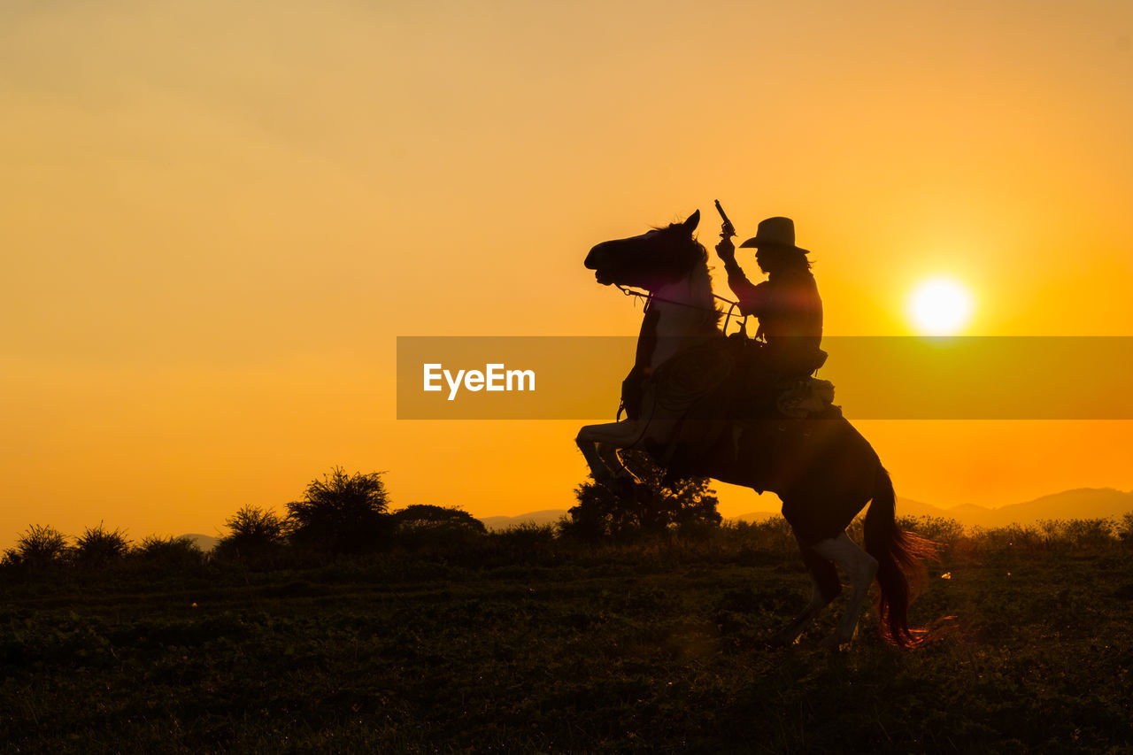 SILHOUETTE PERSON RIDING HORSE ON FIELD AGAINST ORANGE SKY