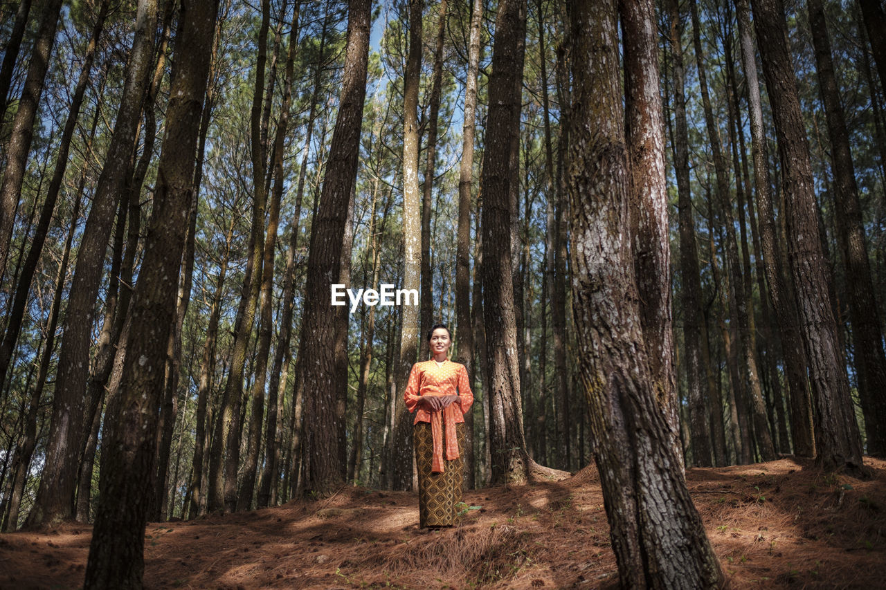 Woman standing against trees in forest