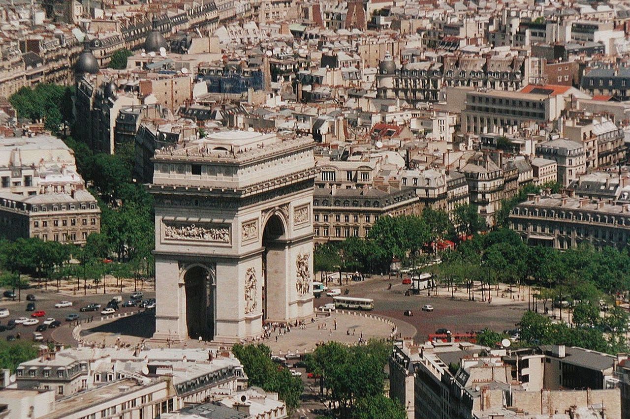 High angle view of famous structure surrounded by buildings