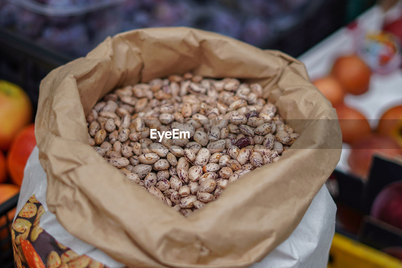 HIGH ANGLE VIEW OF FOOD AT MARKET STALL