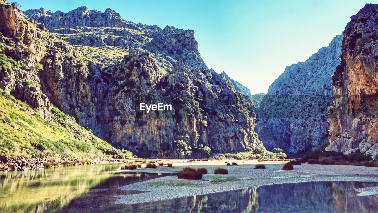 Panoramic view of lake and mountains against clear sky