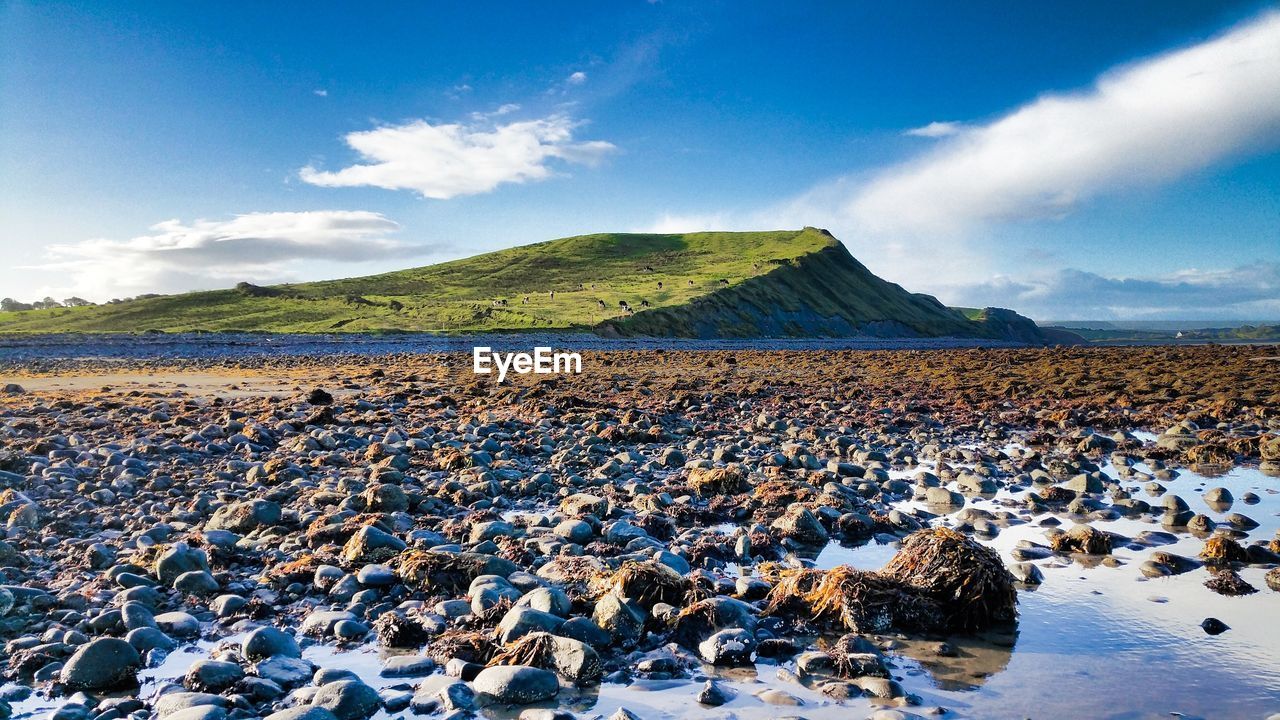 Rocky shore and mountain against sky