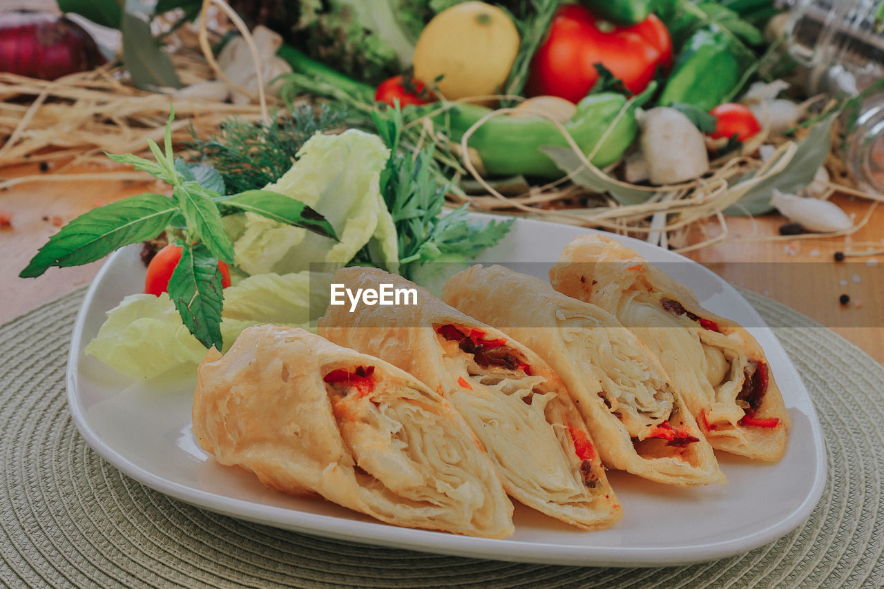 HIGH ANGLE VIEW OF FOOD IN PLATE