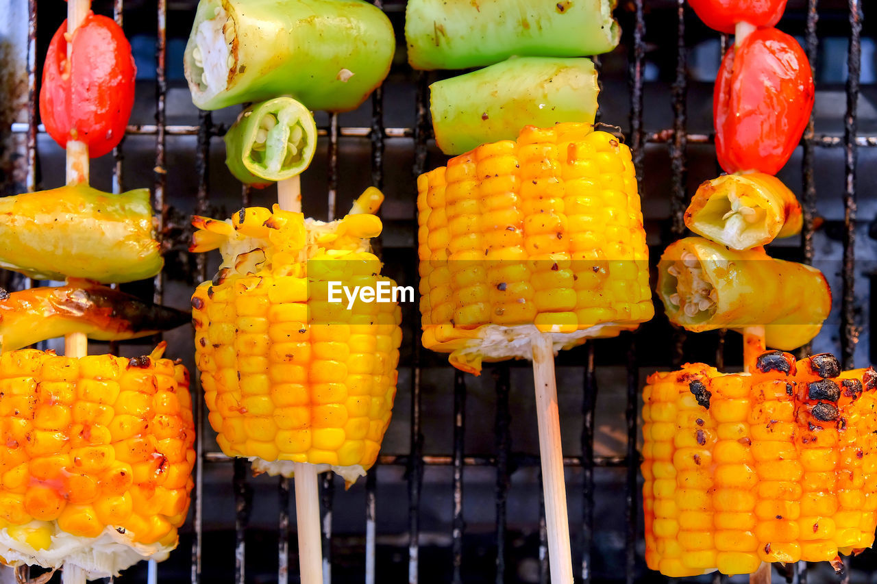 Closeup image of grilled vegetable and chicken skewers on a hot barbecue