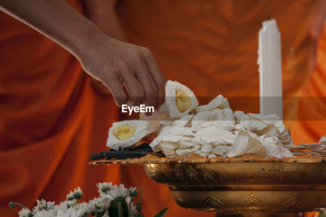 Close-up of hand placing sandalwood flower