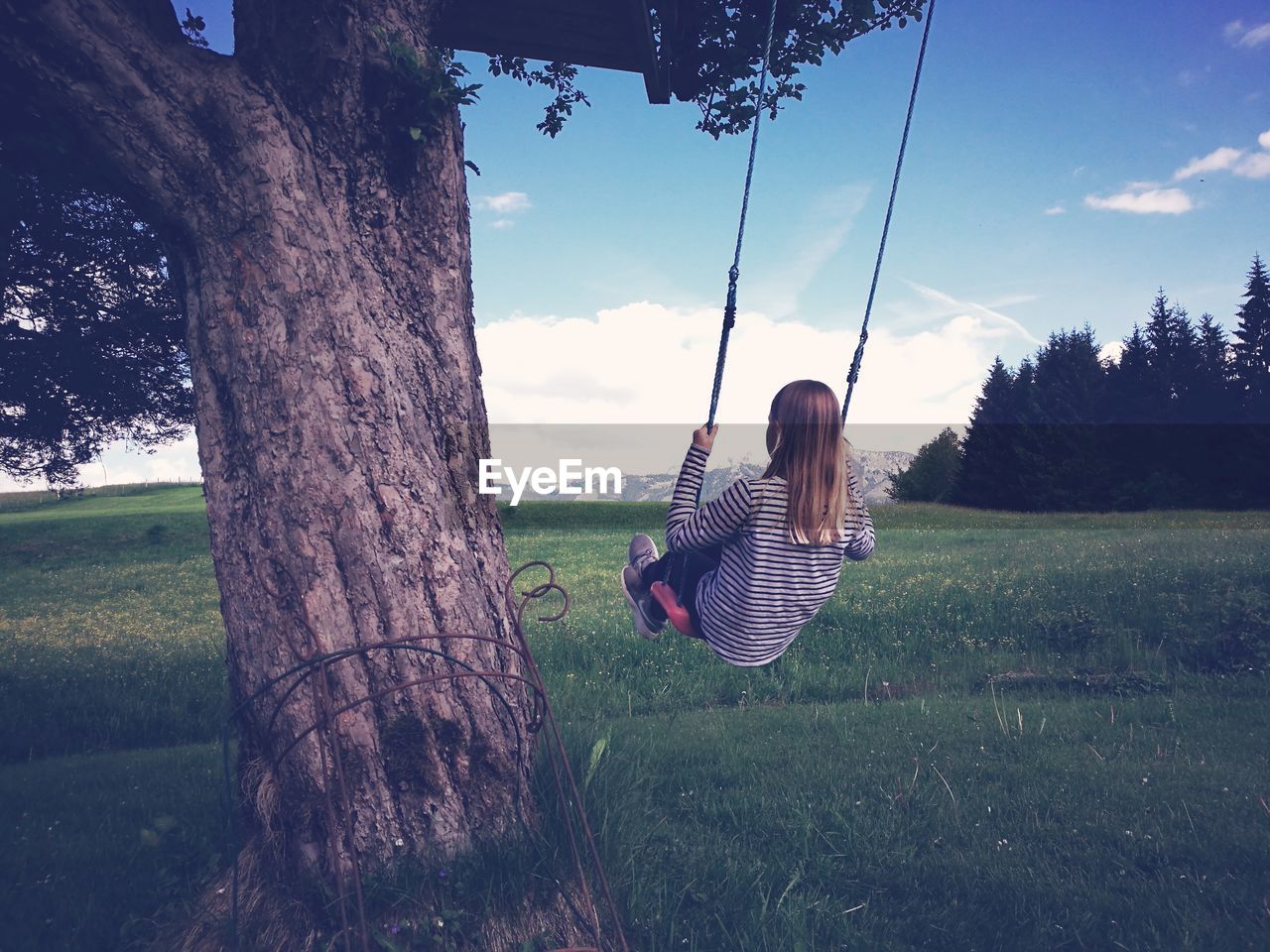 REAR VIEW OF WOMAN SITTING ON SWING