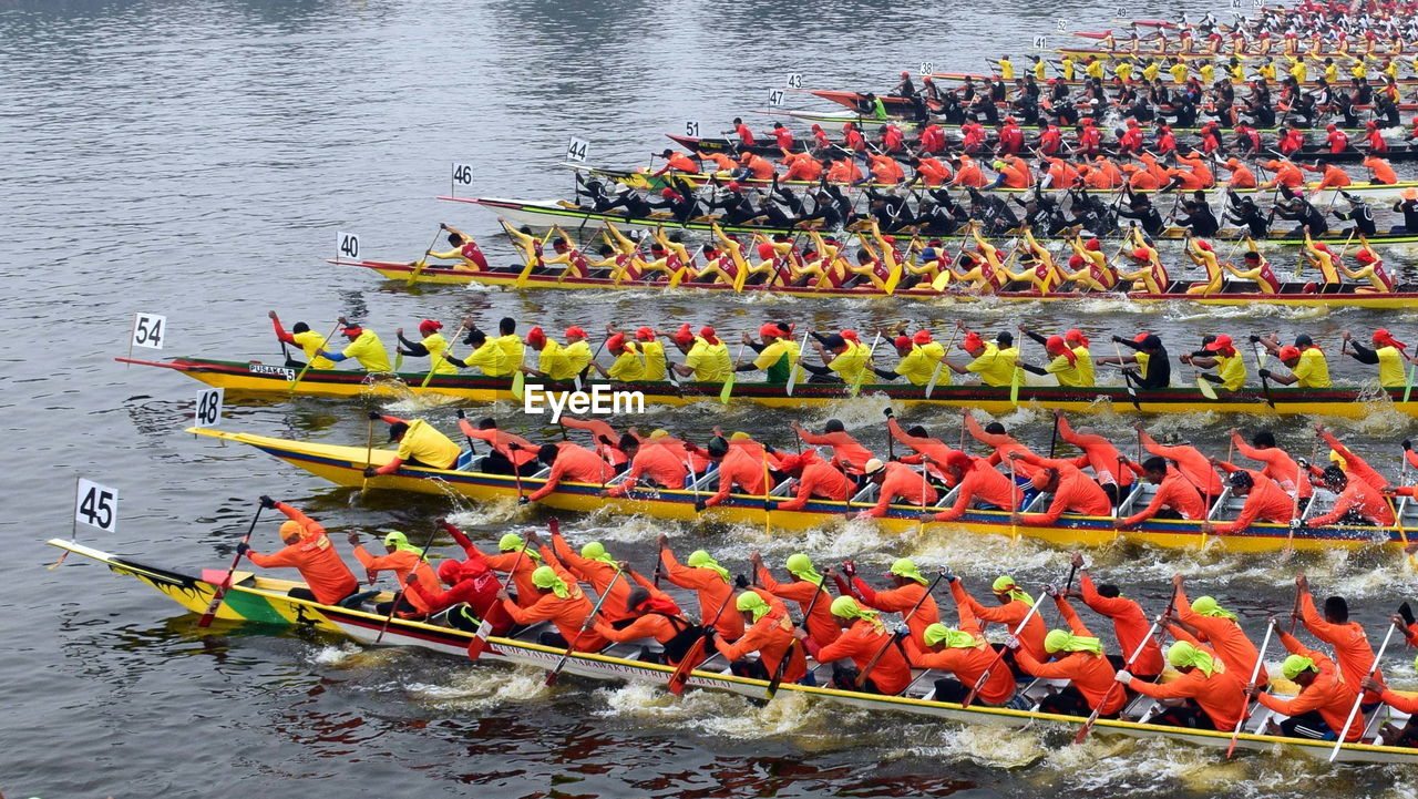 High angle view of multi colored boats in lake