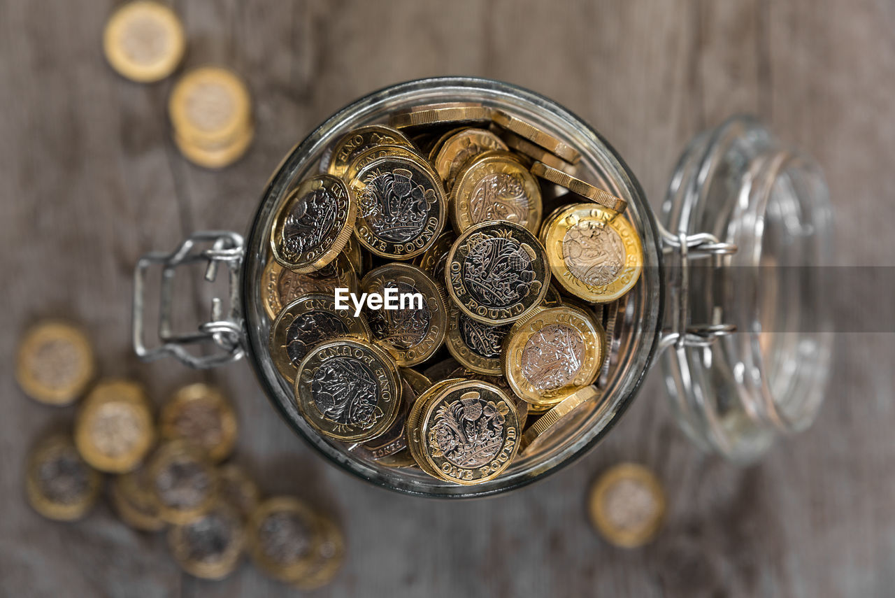 Pound coins in a jar