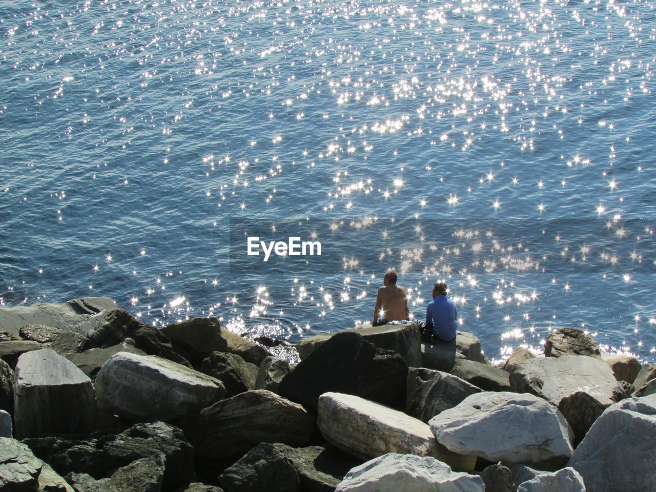 Rear view of men sitting on rocks by sea