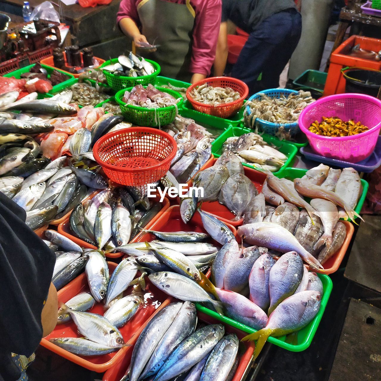 high angle view of seafood for sale in market