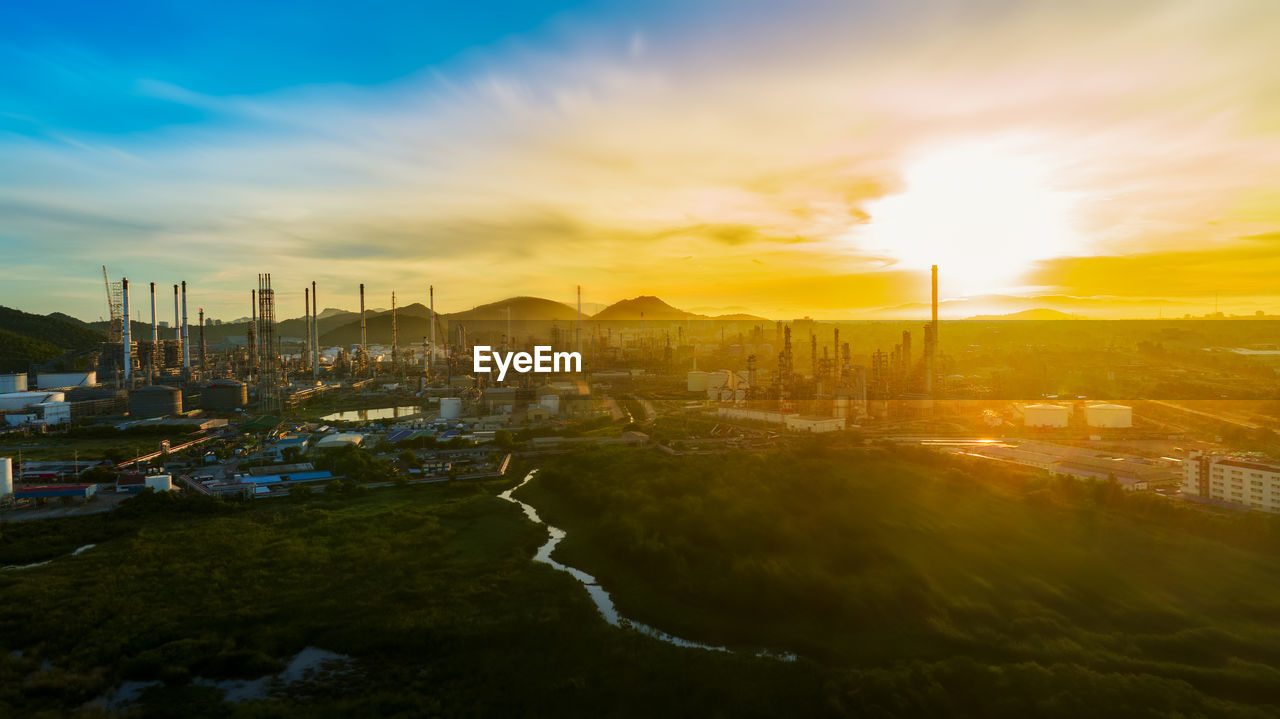 high angle view of city at sunset