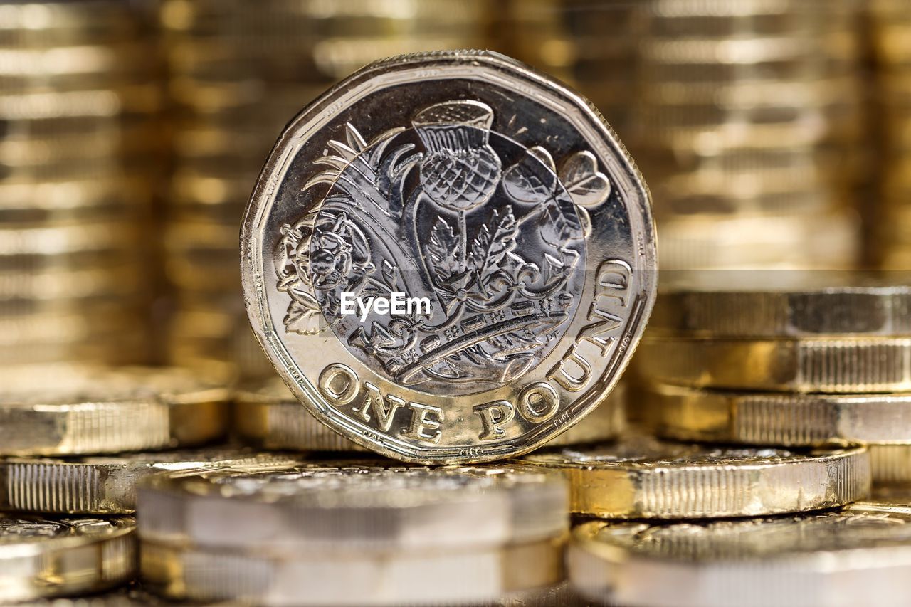 Close up of one pound coins