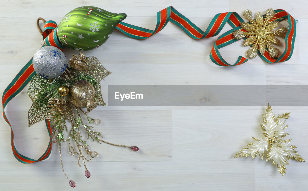 High angle view of christmas decoration on wooden table