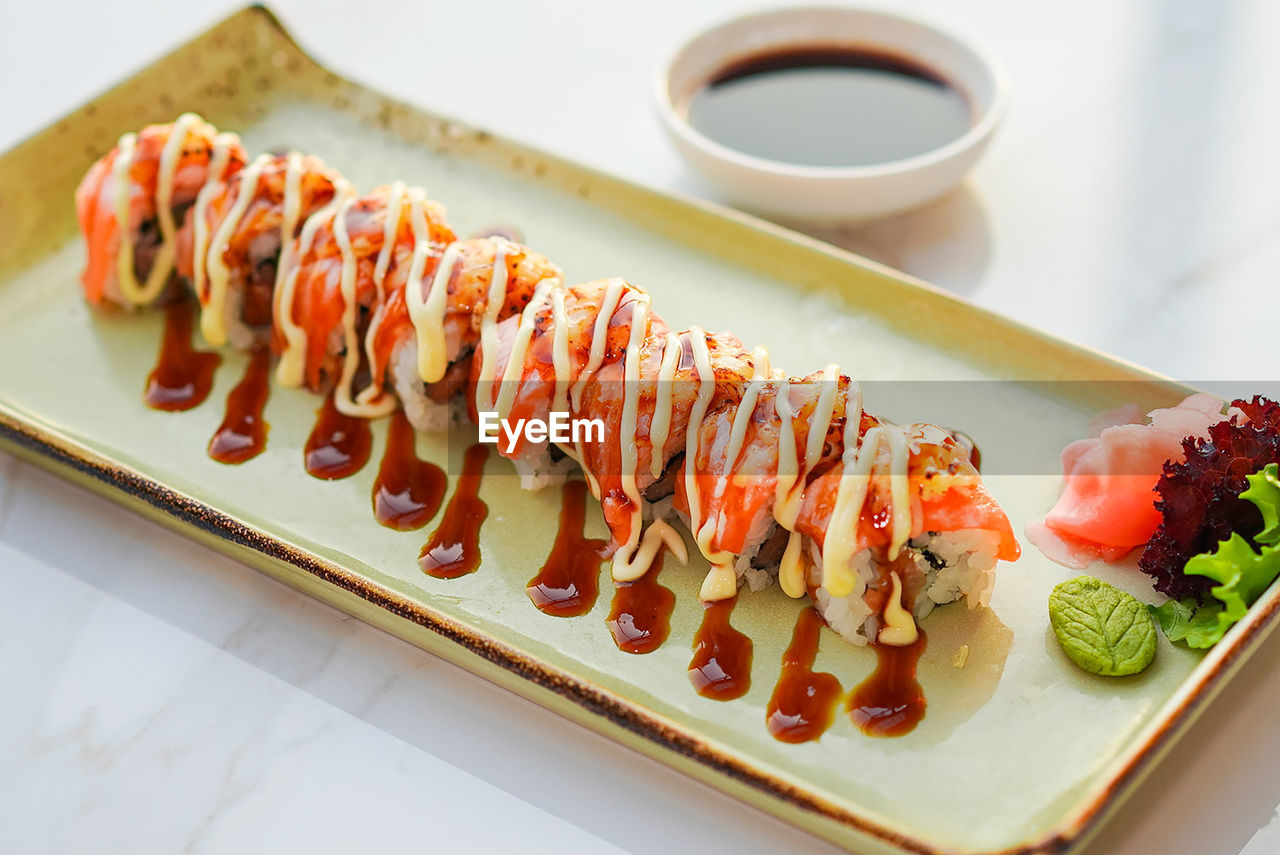 high angle view of sushi on table