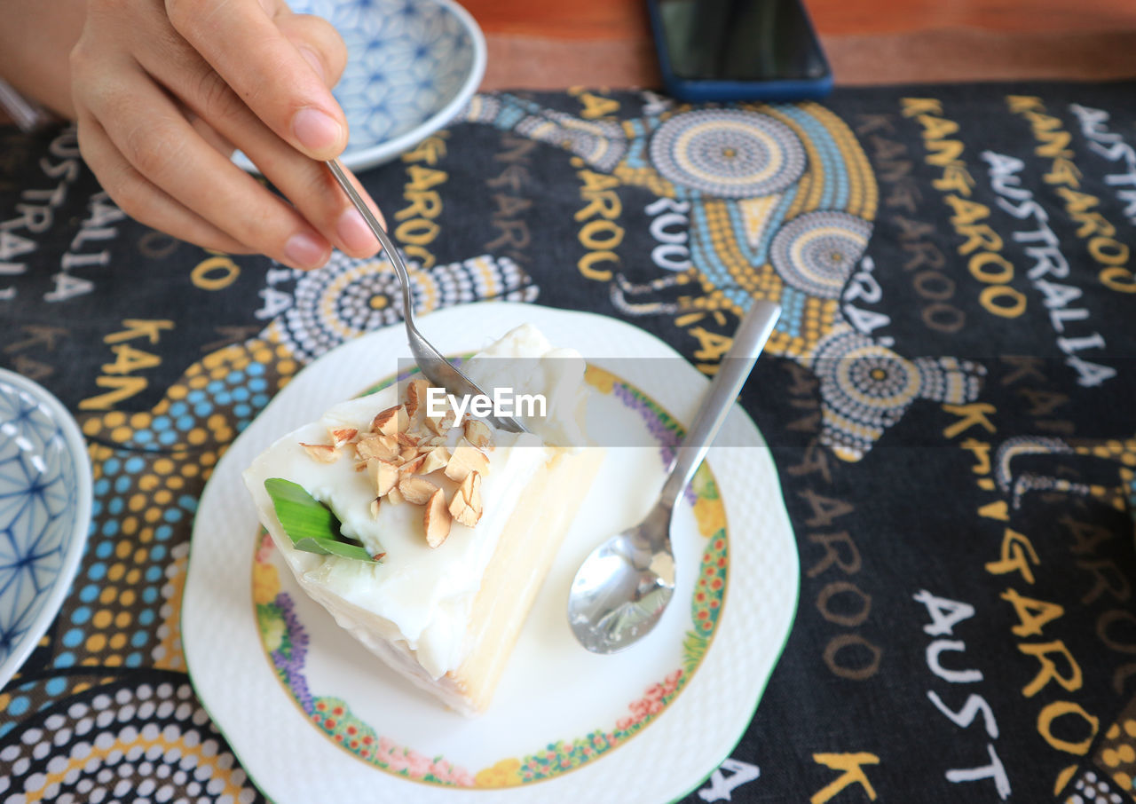 HIGH ANGLE VIEW OF HAND HOLDING ICE CREAM IN PLATE