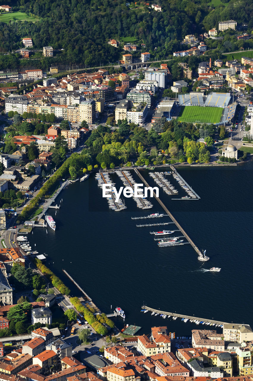 High angle view of sea against built structures