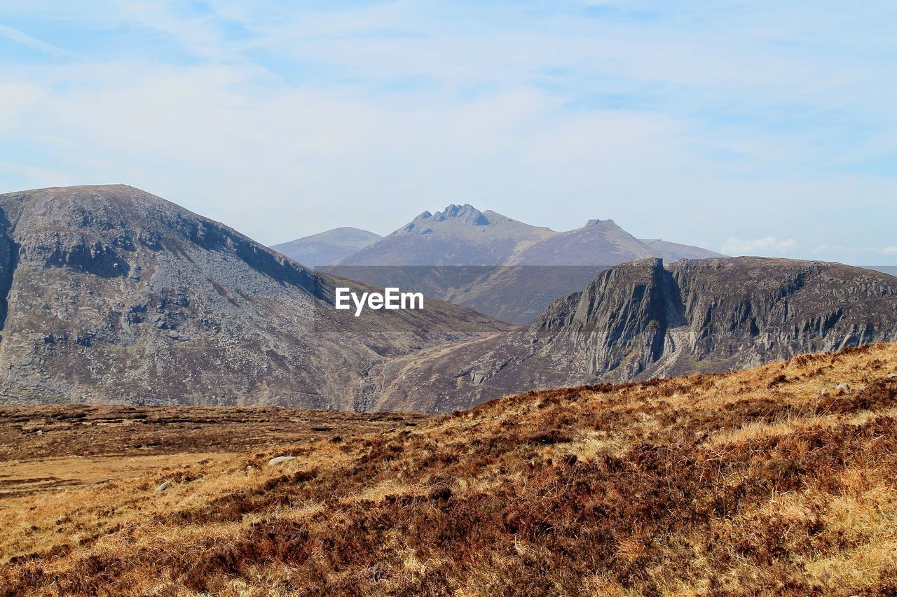 Landscape against rocky mountains