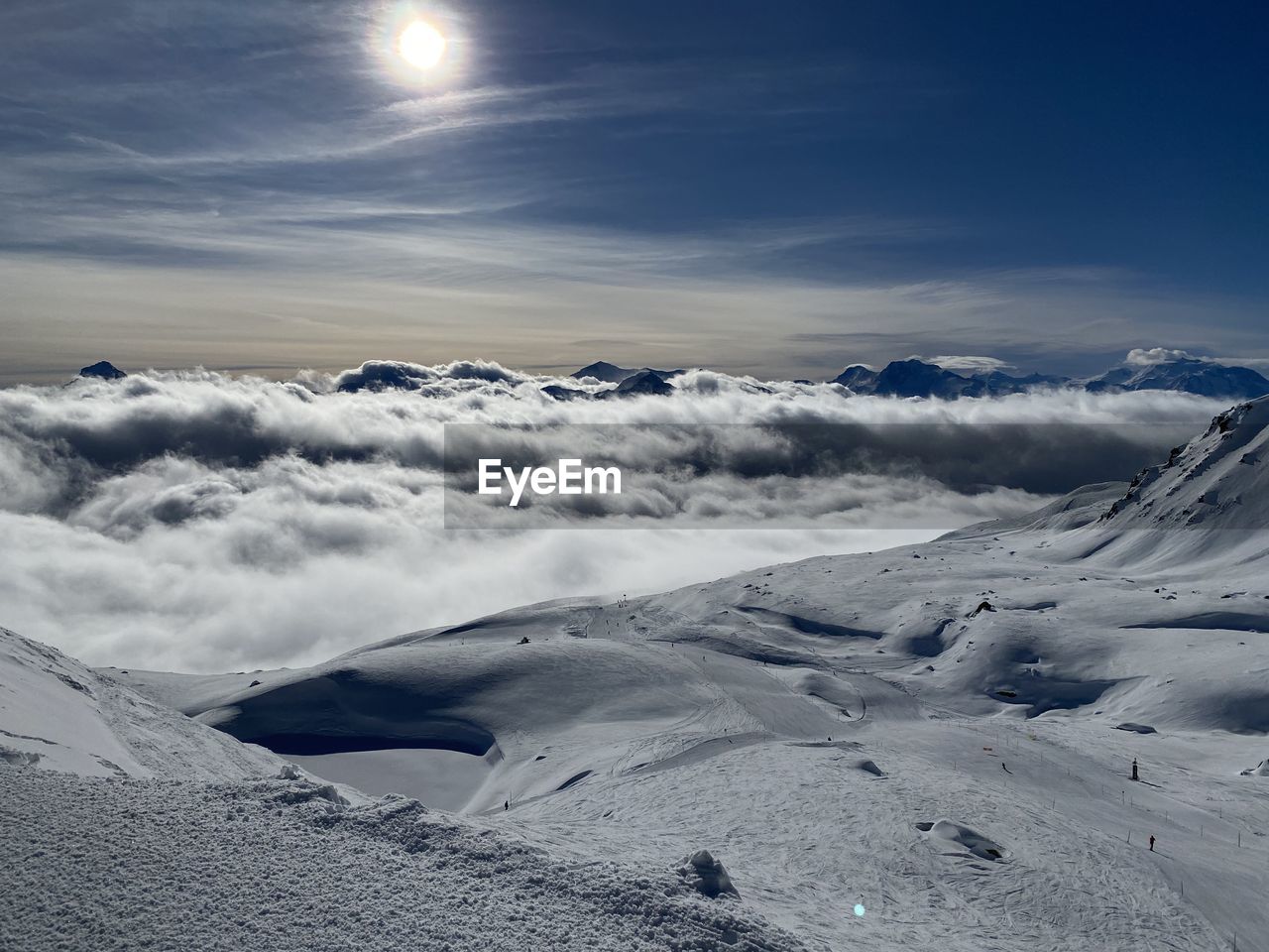 Scenic view of snow covered mountains against sky