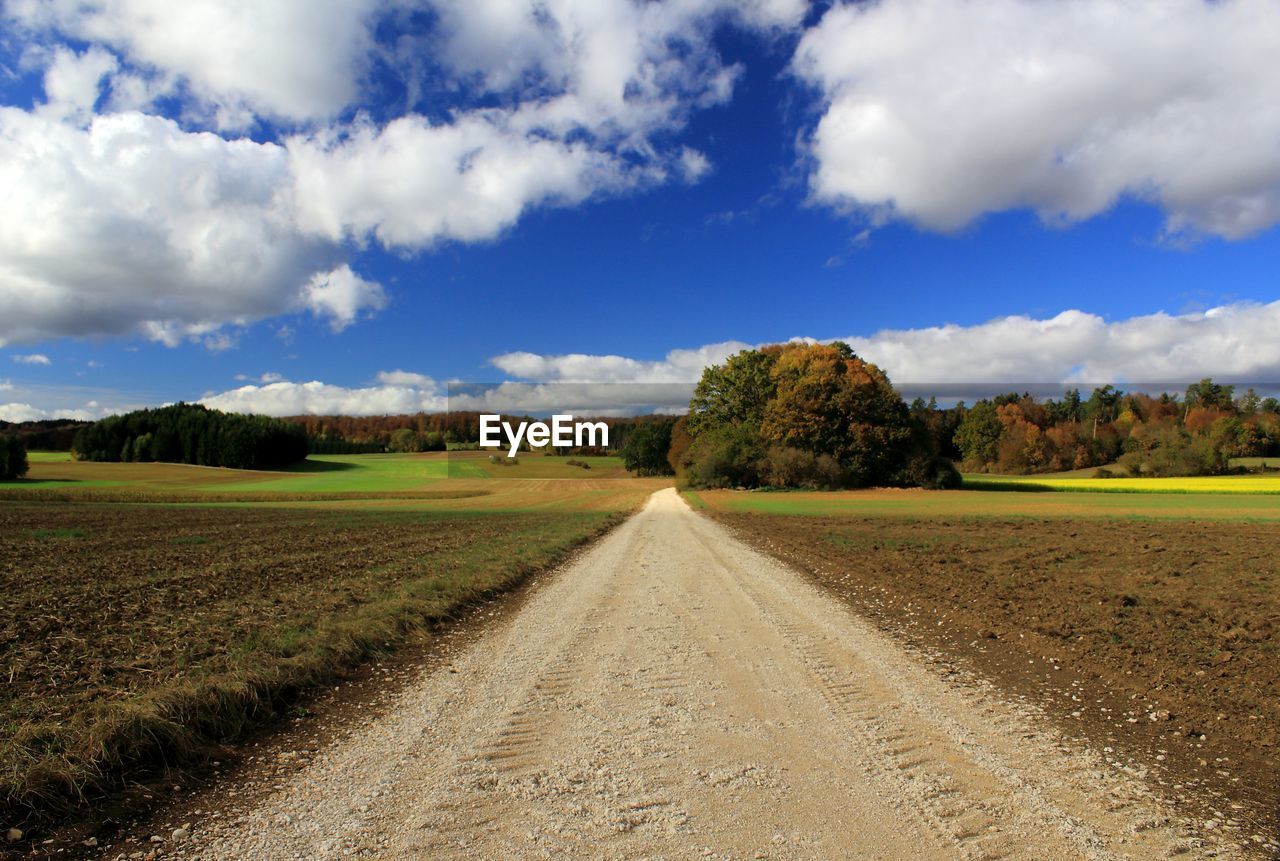 landscape, sky, cloud, field, environment, rural area, horizon, agriculture, land, road, plain, rural scene, plant, nature, soil, prairie, scenics - nature, dirt, hill, grassland, dirt road, no people, grass, beauty in nature, tree, the way forward, farm, transportation, tranquility, diminishing perspective, blue, cereal plant, cloudscape, outdoors, day, crop, tranquil scene, non-urban scene, travel, food, vanishing point