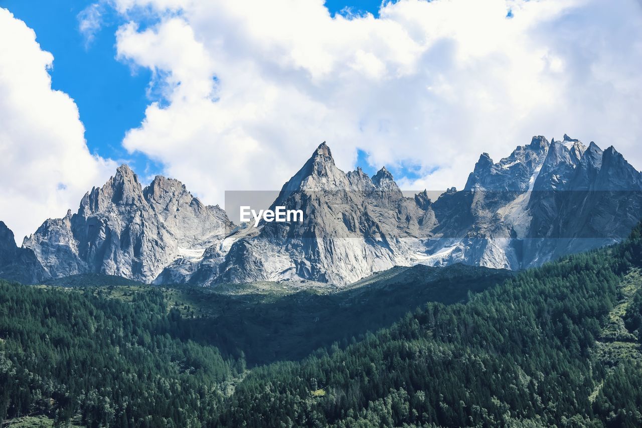 Scenic view of mountains against cloudy sky next to chamonix 