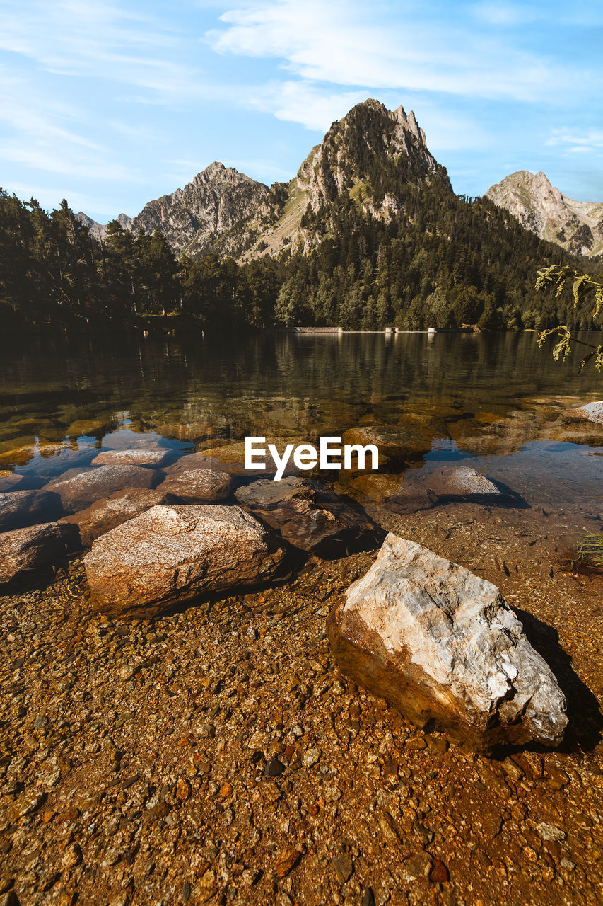 Scenic view of lake and mountains against sky