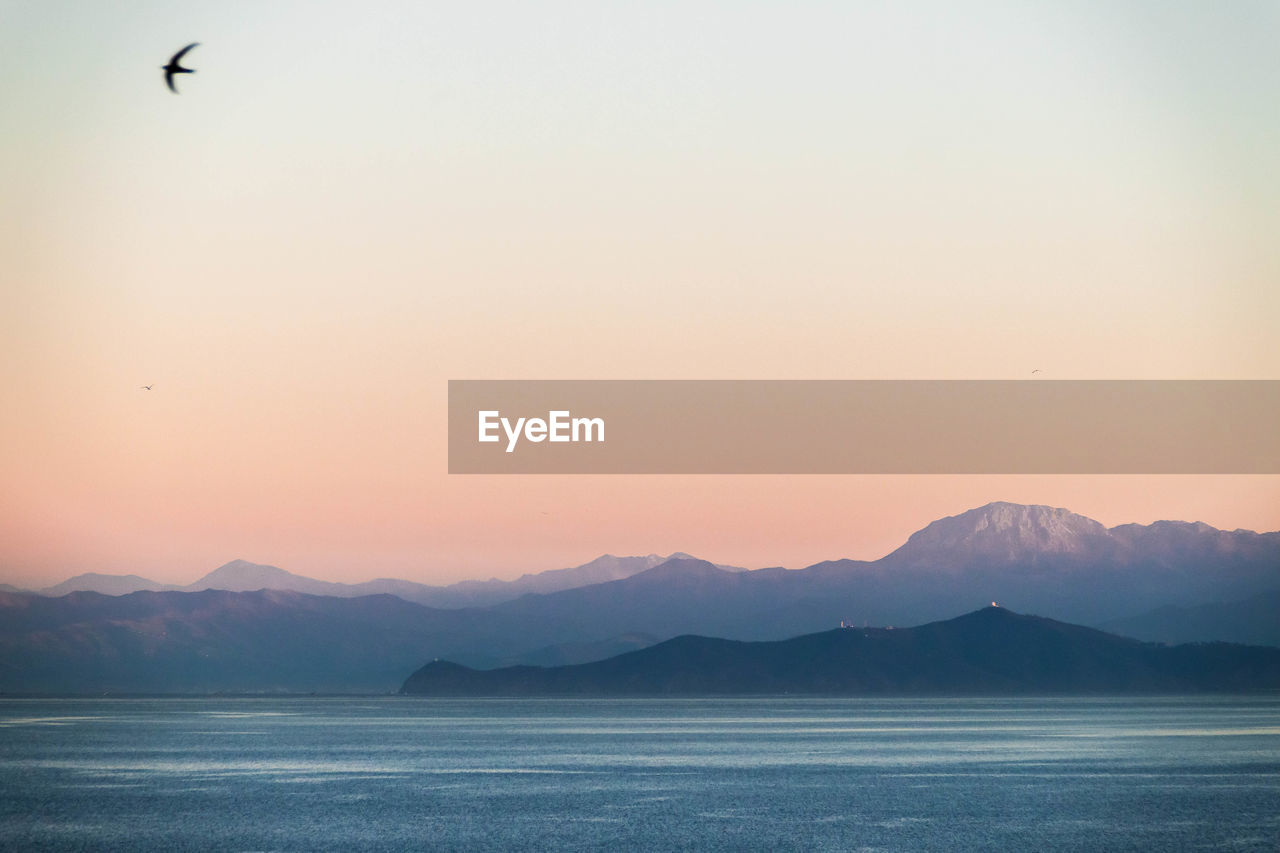 Scenic view of lake against clear sky during sunset