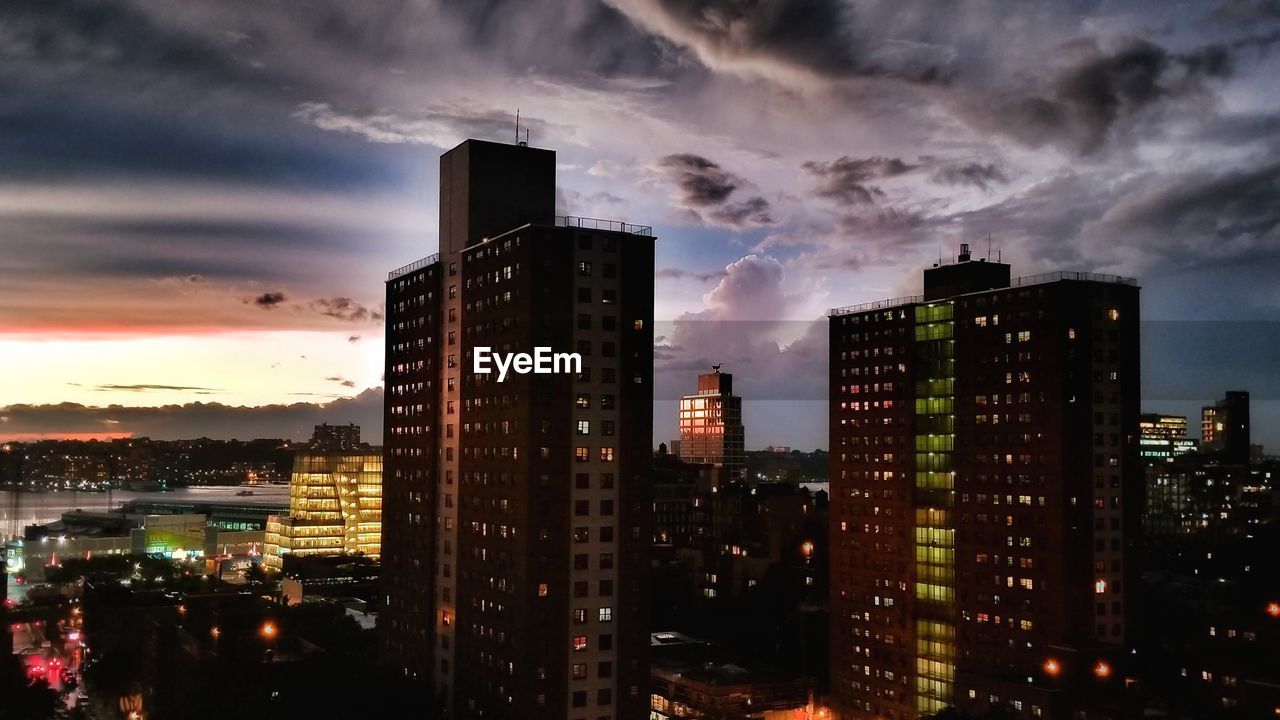 Skyscrapers in city at night