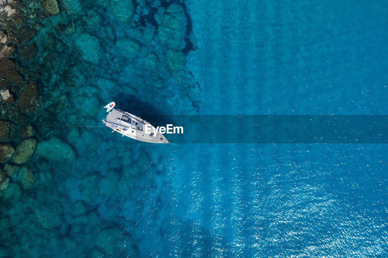 Drone aerial photograph of yacht in the open sea. summer vacations holidays