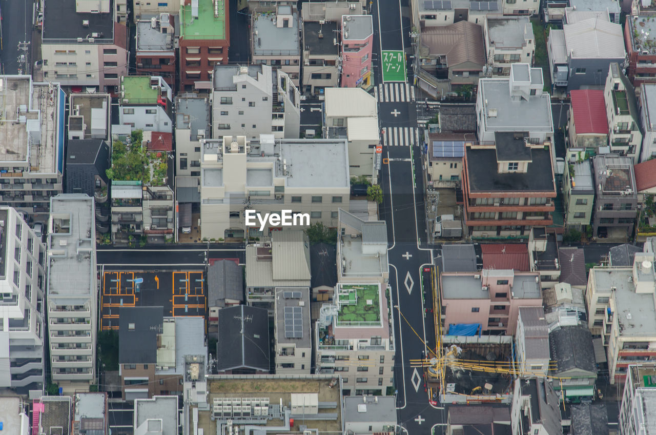 High angle view of buildings in city