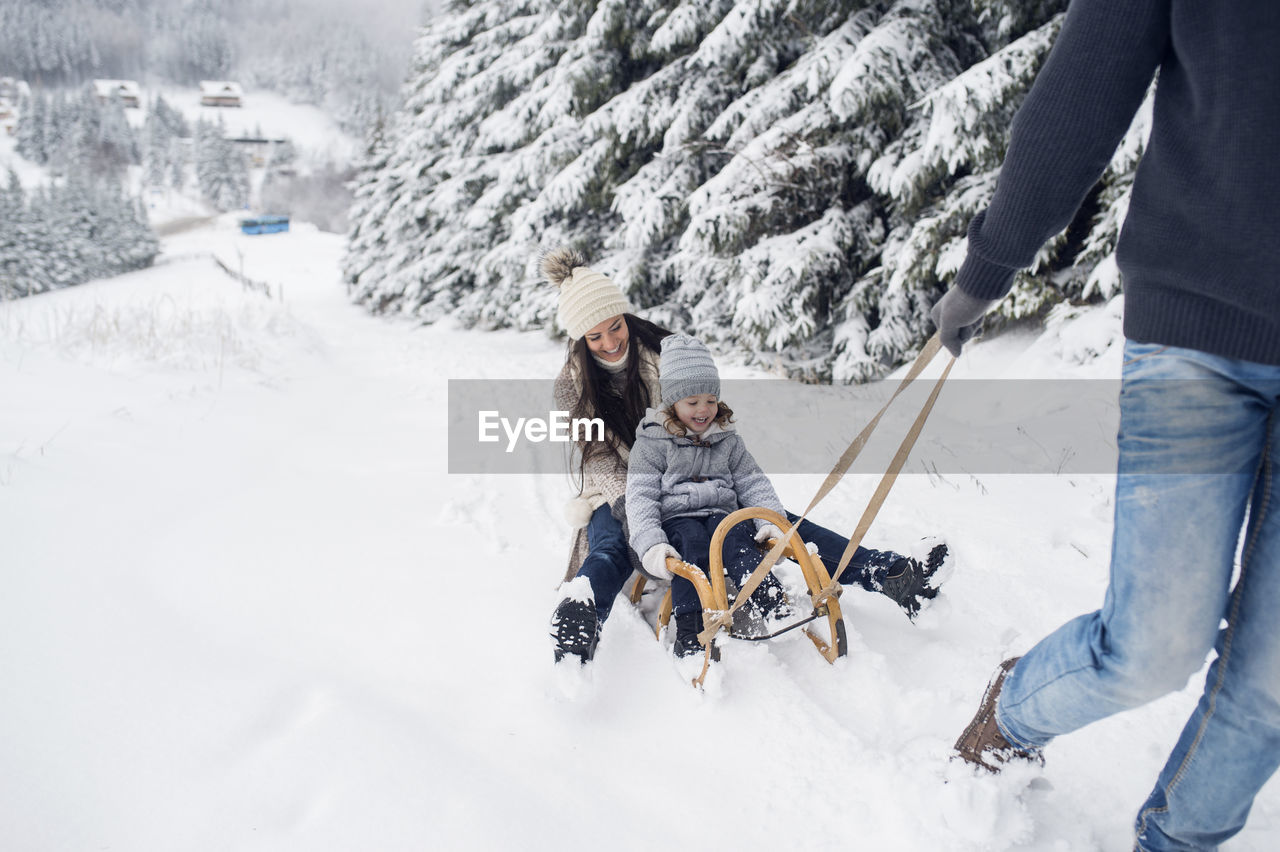 Happy family with sledge in winter landscape