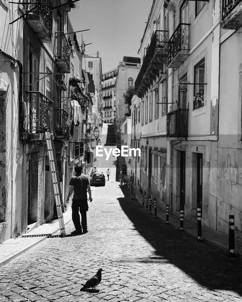 REAR VIEW OF MAN WALKING ON CITY STREET