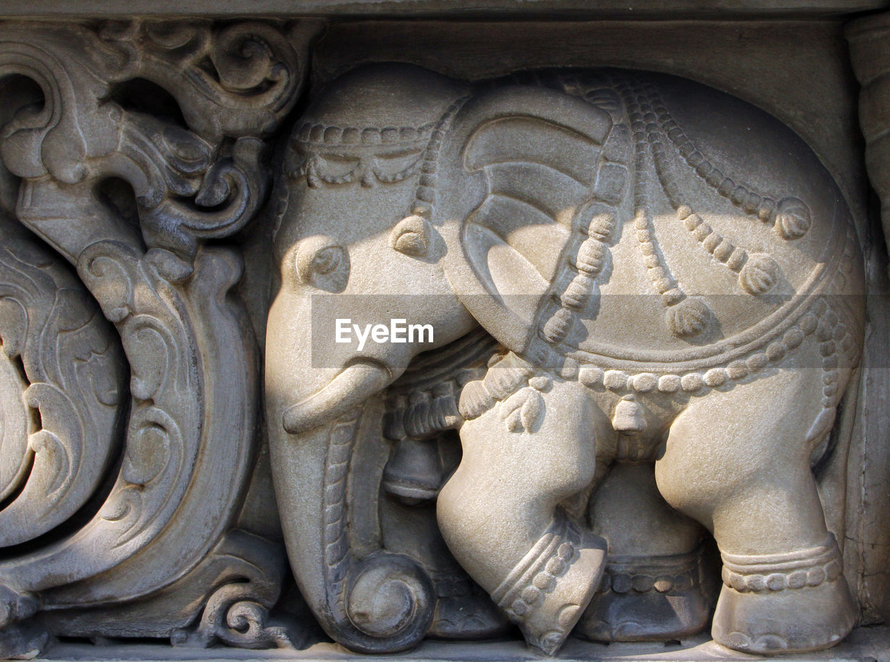 Close-up of carvings on wall at birla mandir