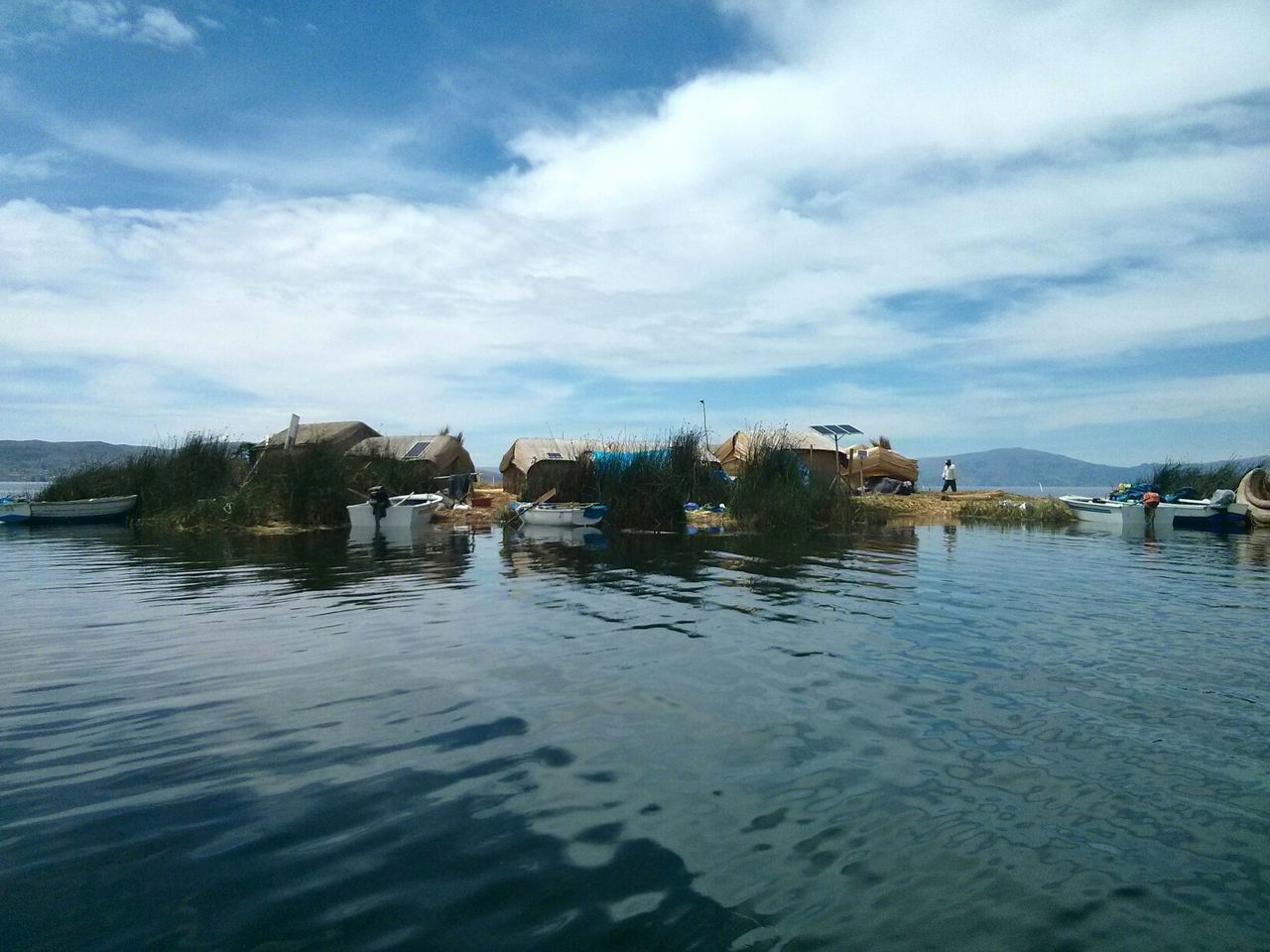 Floating island in lake against cloudy sky