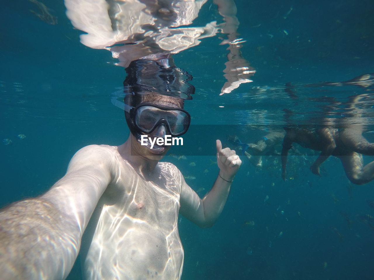 Portrait of shirtless man swimming in pool