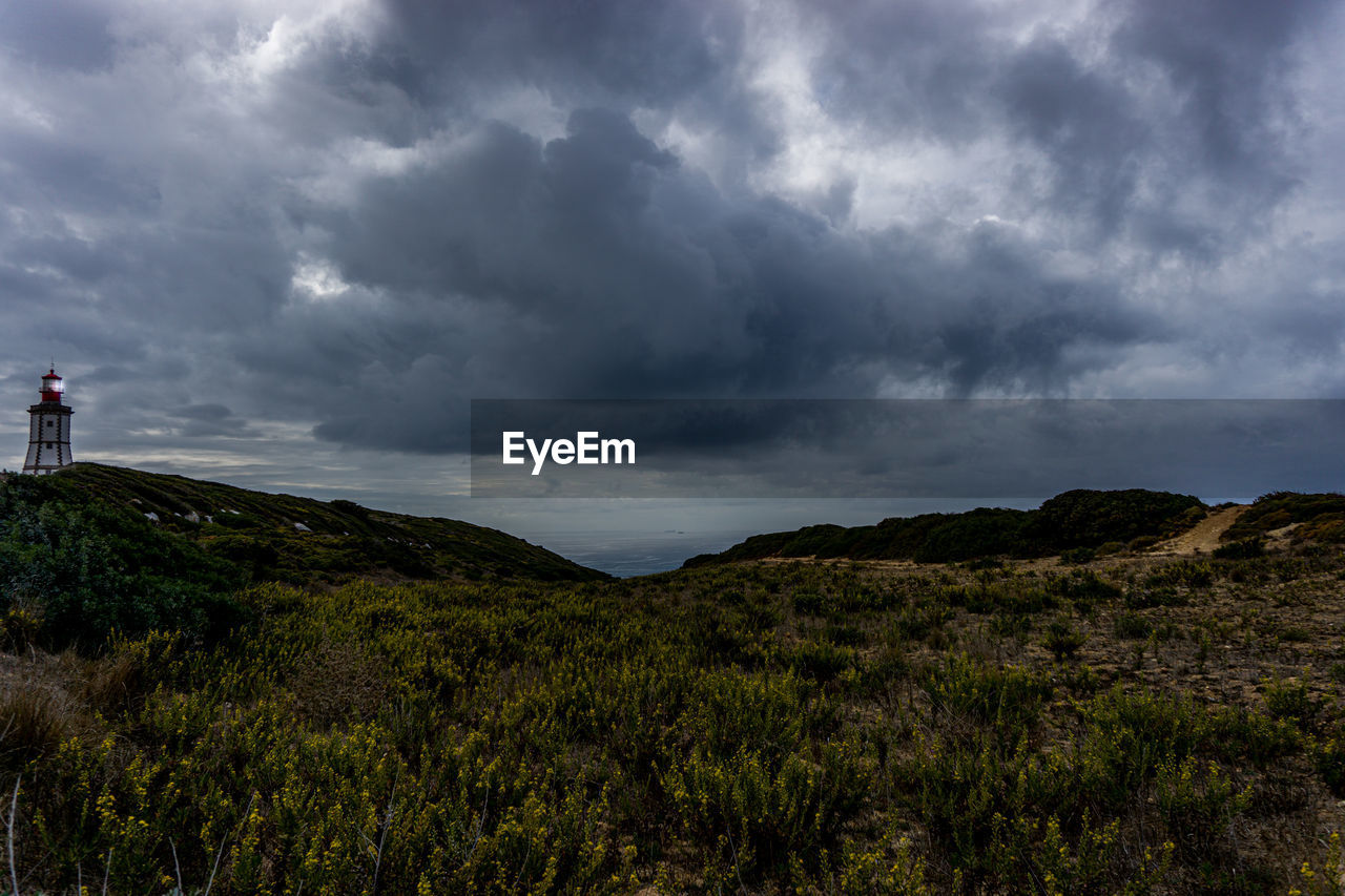 Scenic view of field against cloudy sky