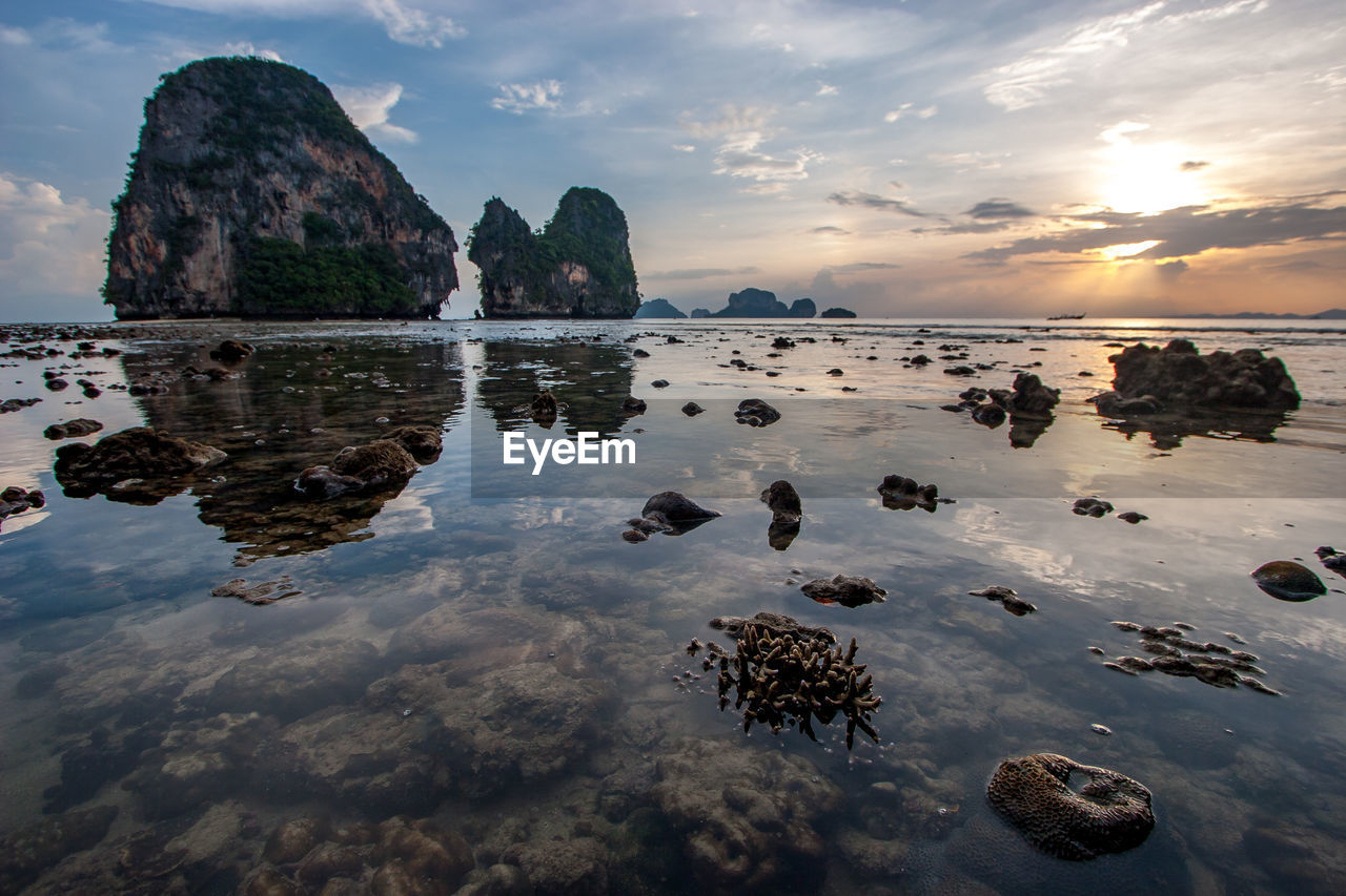 Seascape at sunset with clear water, corals, stones under water and karst cliffs on the horizon.