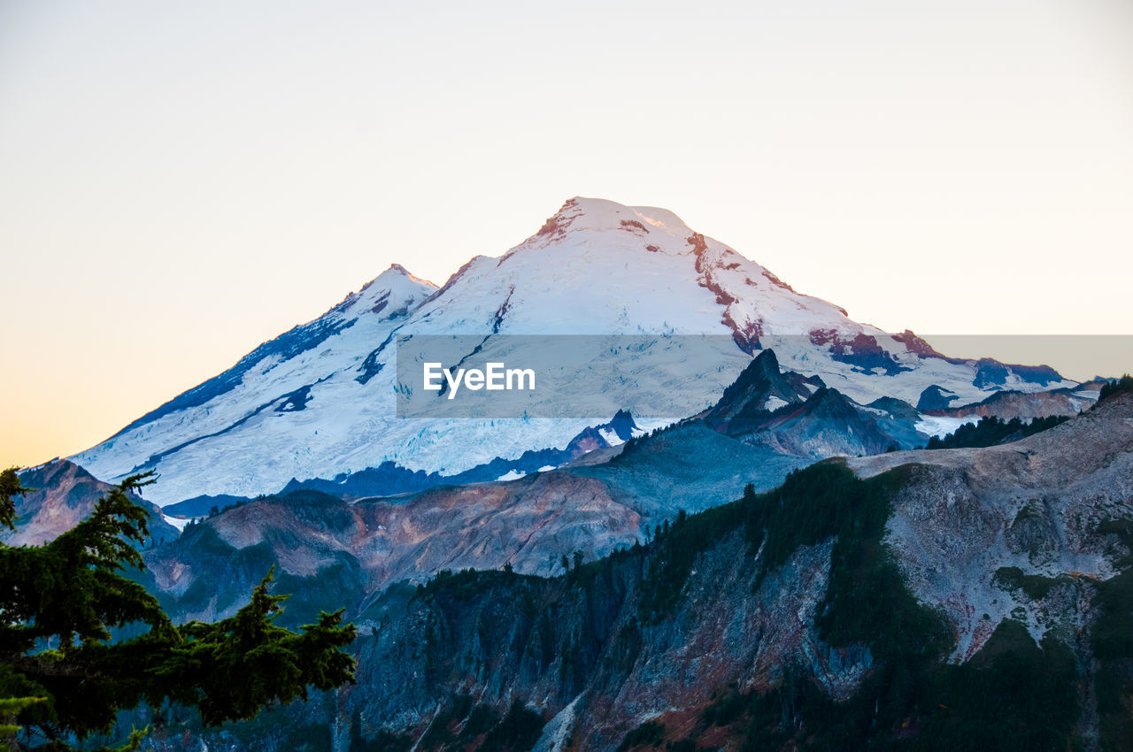 Scenic view of snowcapped mountains against clear sky