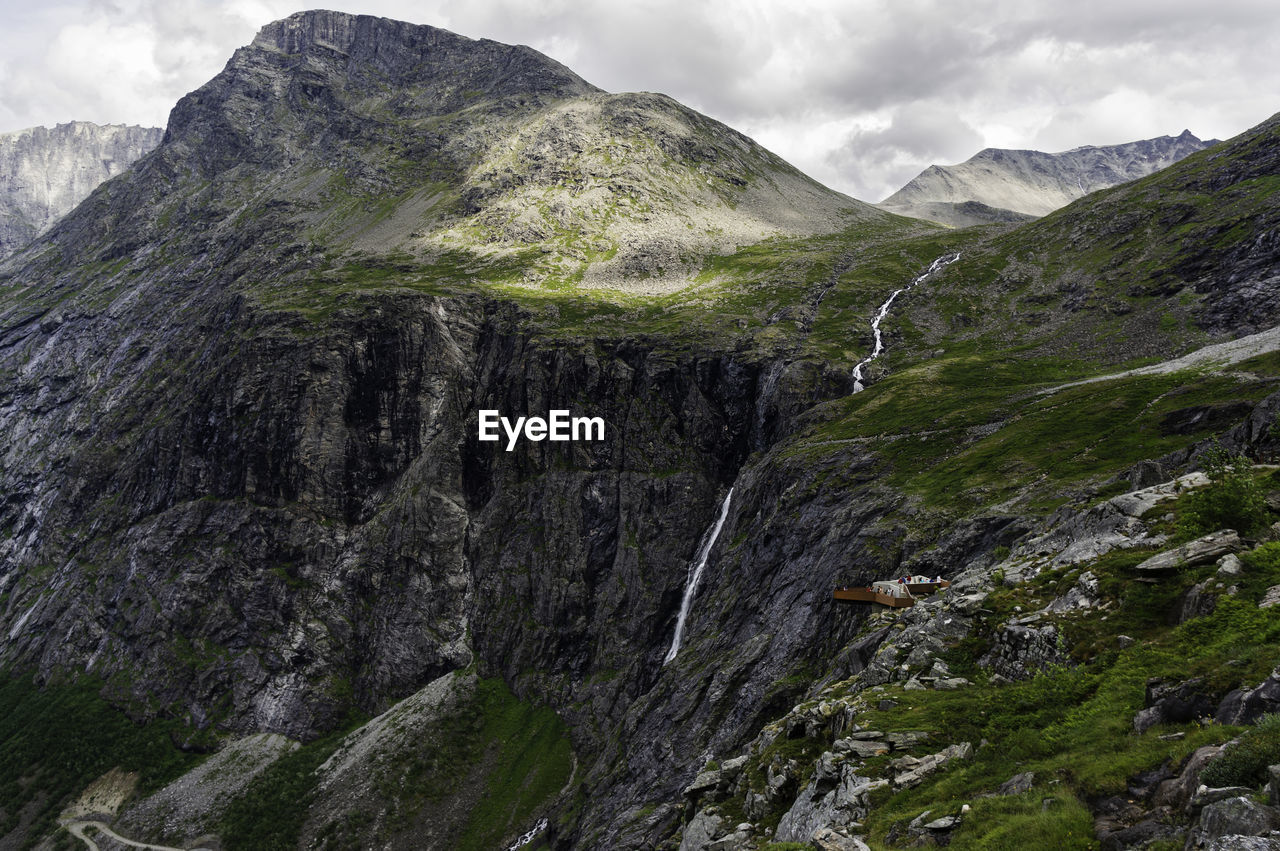 View towards the lookout point and surrounding mountains at trollstigen in norway.